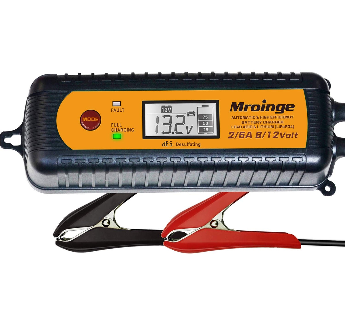 Mroinge car battery charger with LCD display shows charging status for easy monitoring.