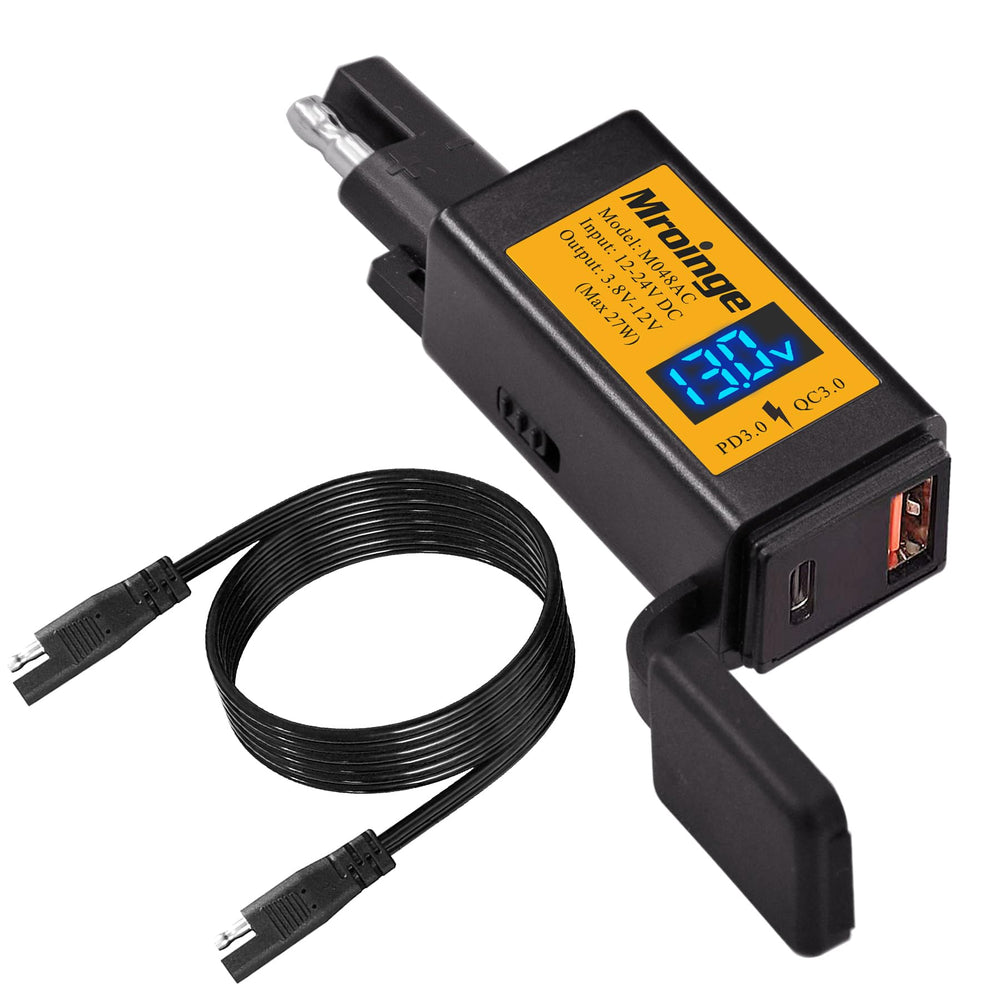 Mroinge motorcycle USB-C charger front view with dual ports for on the go charging