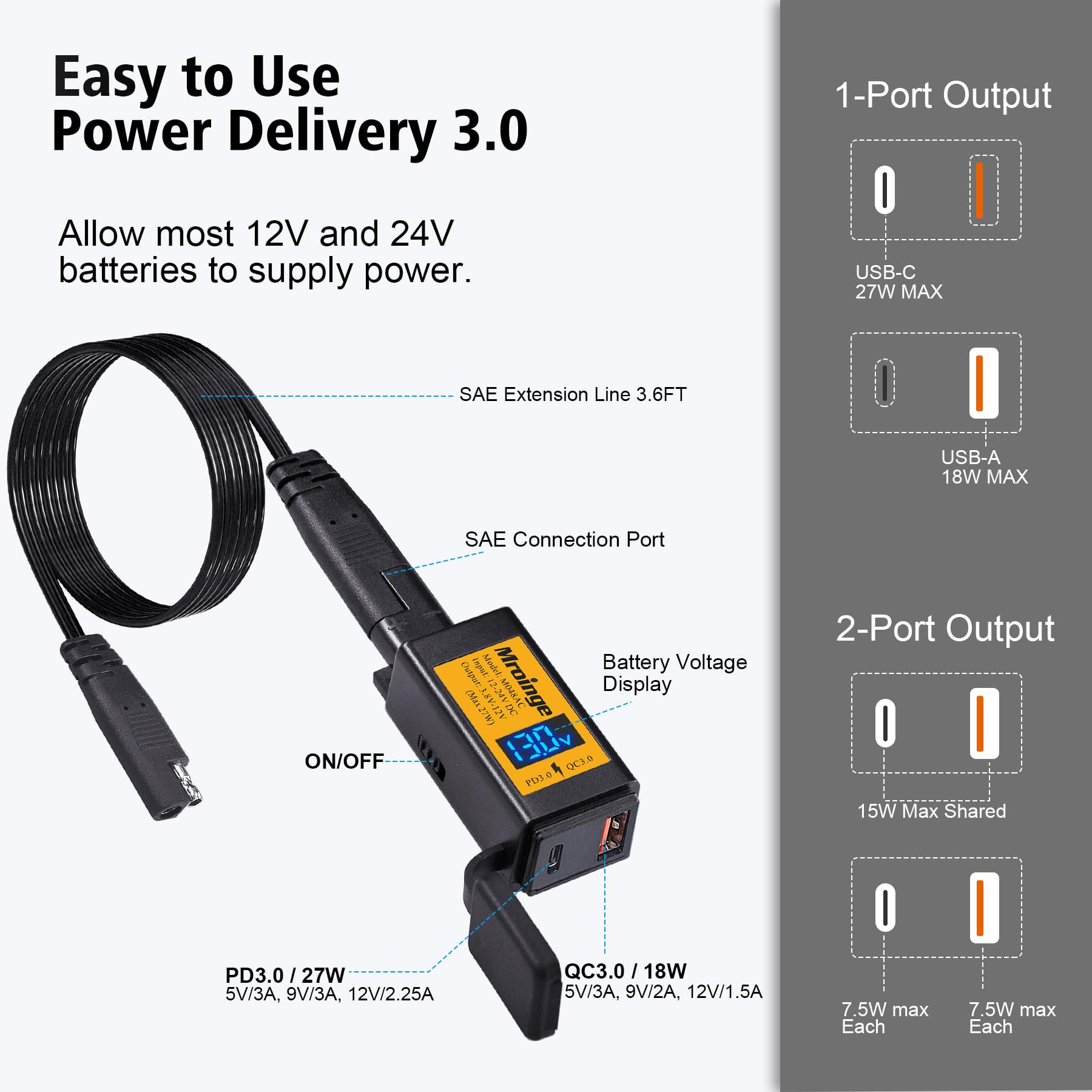 Mroinge charger voltmeter and ammeter display shows live vehicle voltage