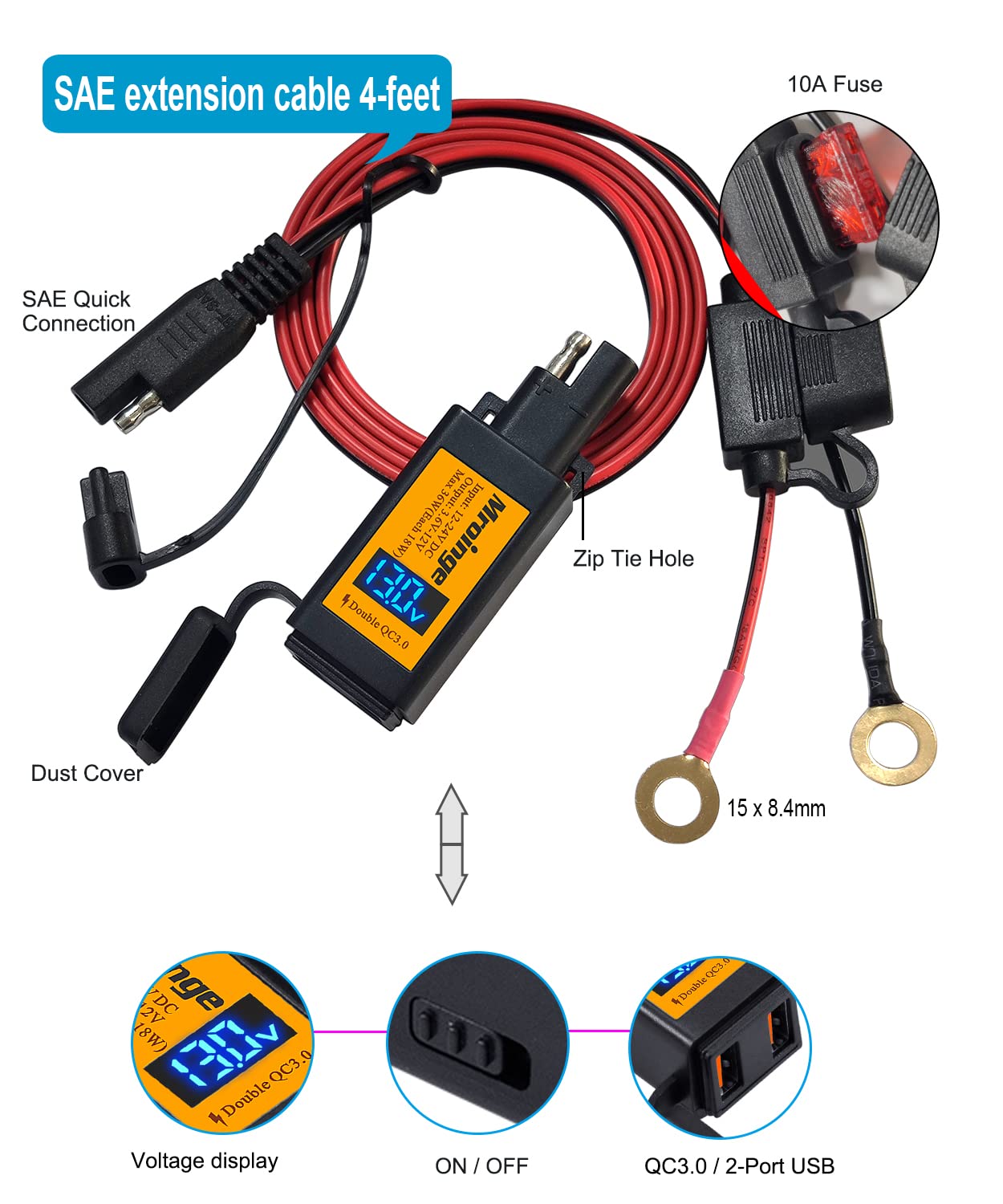 Mroinge charger mounted with tidy cable management on a motorcycle