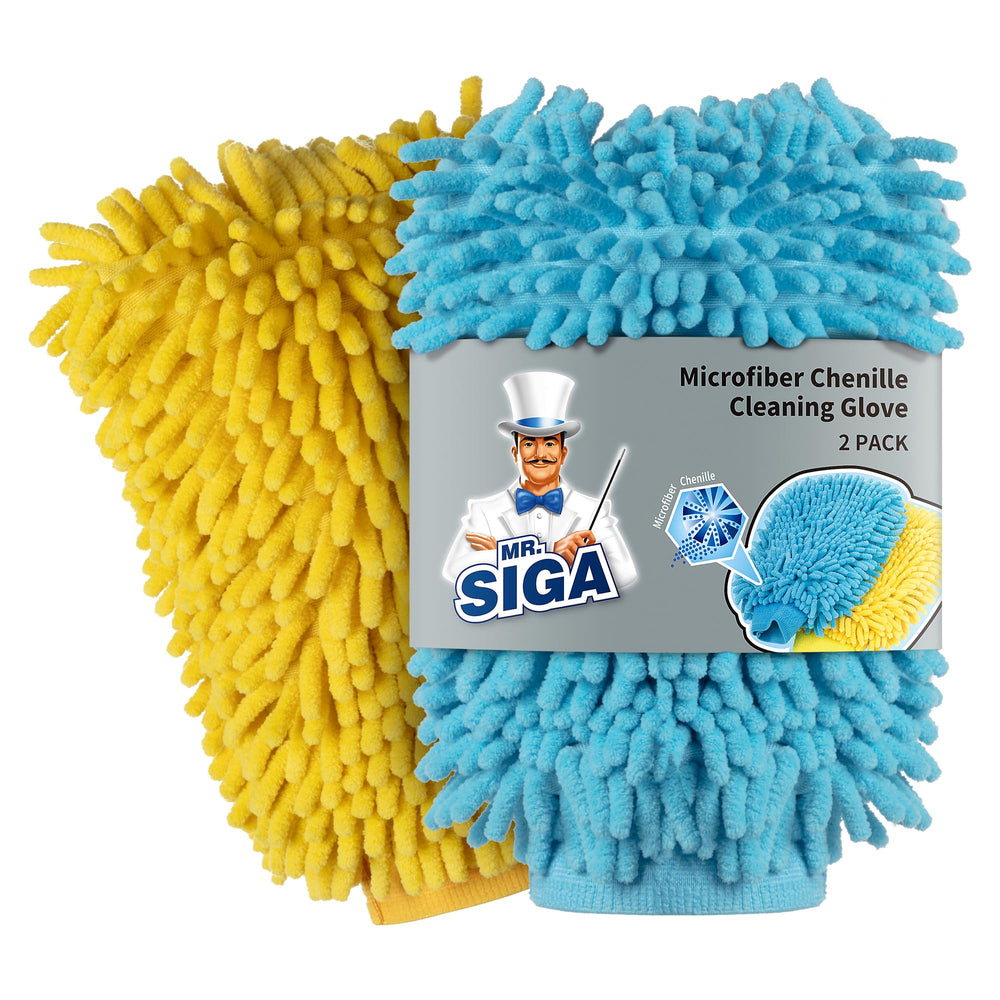 MR.SIGA premium microfiber chenille mitt blue side in action for gentle car washing