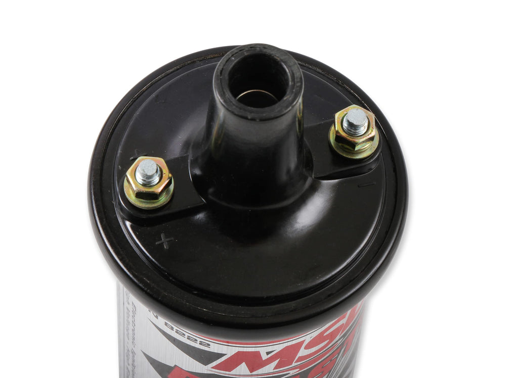 MSD 8222 black ignition coil canister ready for installation in compatible engines.