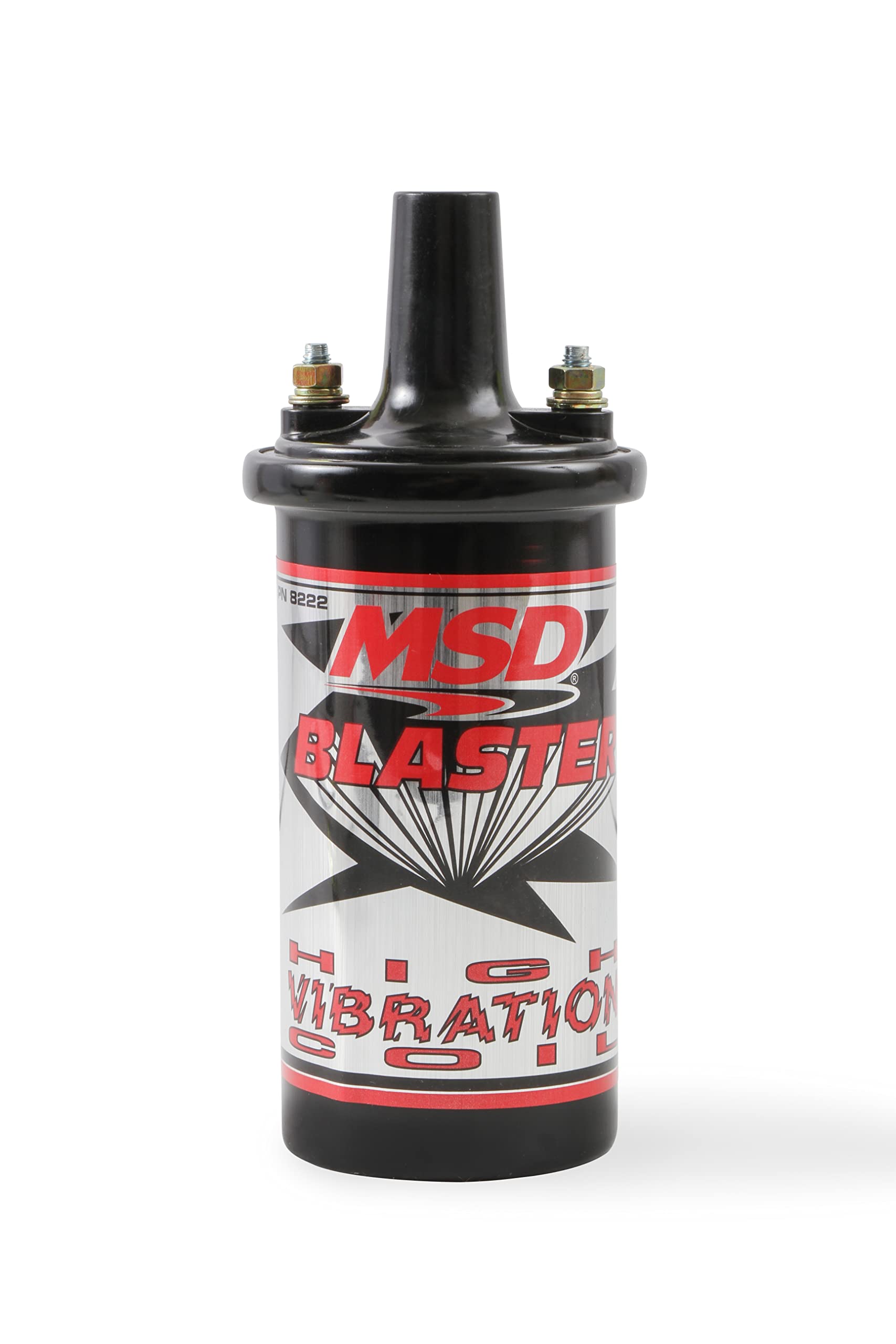 MSD 8222 Blaster ignition coil in black canister for high-vibration engine performance.