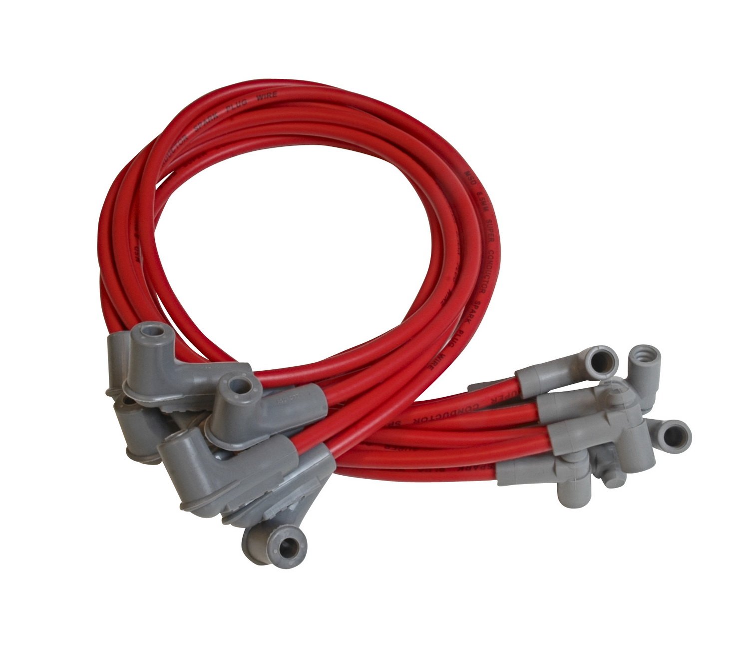 MSD Super Conductor 8.5mm spark plug wire set shown, designed for HEI-cap Small Block Chevy engines and high EMI suppression