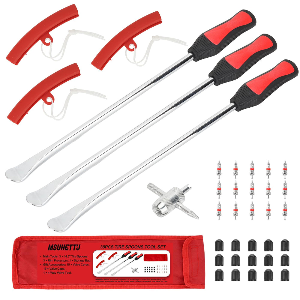 Msuhettu 38pc tire spoons kit packaging showing complete set for organized tire service