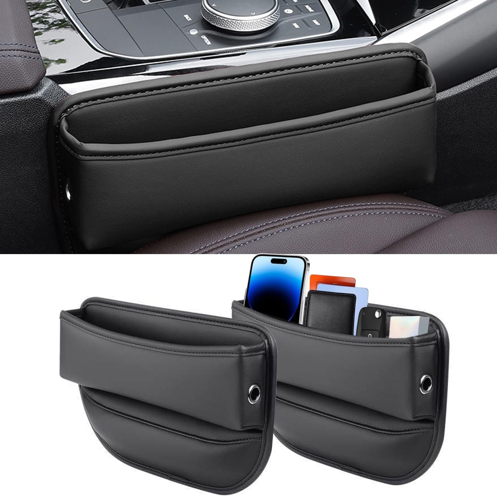 Mtverver car-seat-gap-filler front-seat organizer in black leather, accessible storage.