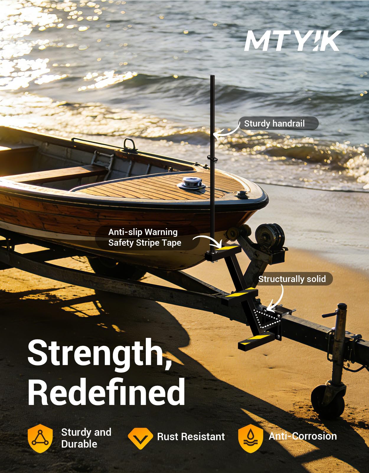 MTYIK boat trailer steps with non-slip treads for secure footing in wet conditions