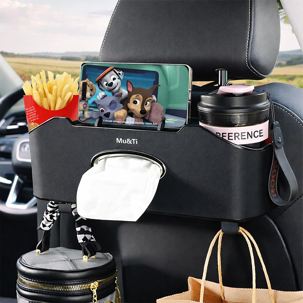 Mu&Ti back seat organizer with dual cup holders keeps drinks within reach on family trips.