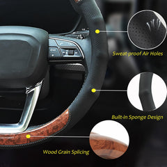 Muamos leather and wood splice detail adds classy interior accent.