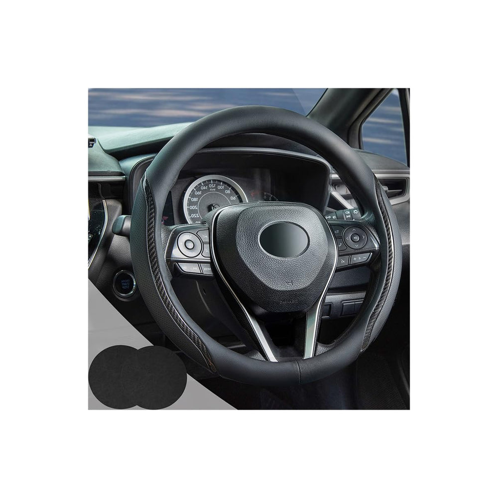Muamos steering wheel cover in black carbon fiber with anti-slip inner ring for firm grip.