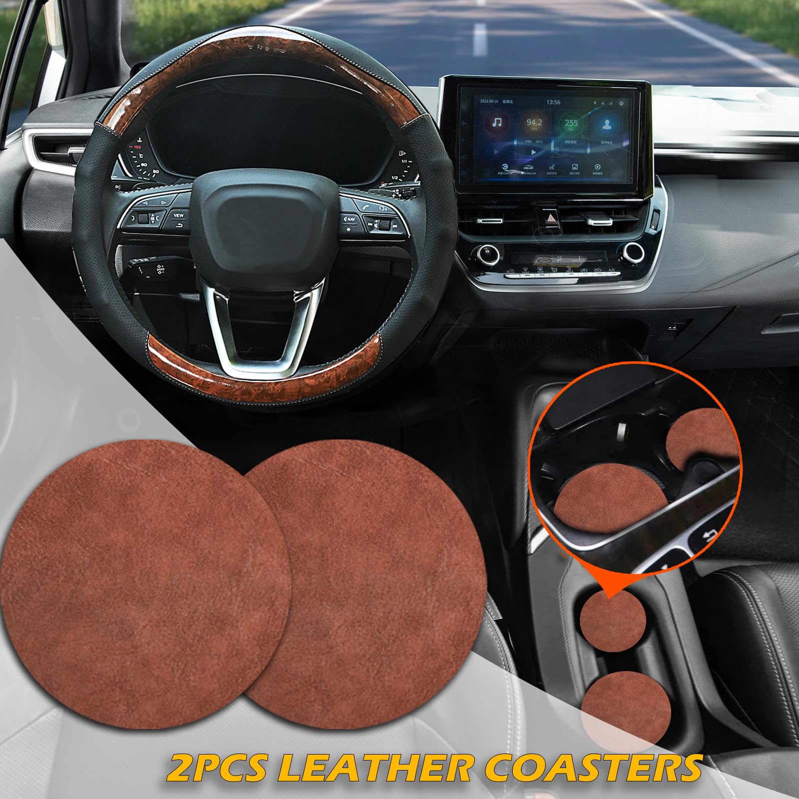 Muamos steering wheel cover with coasters demonstrates practical in-car accessories.