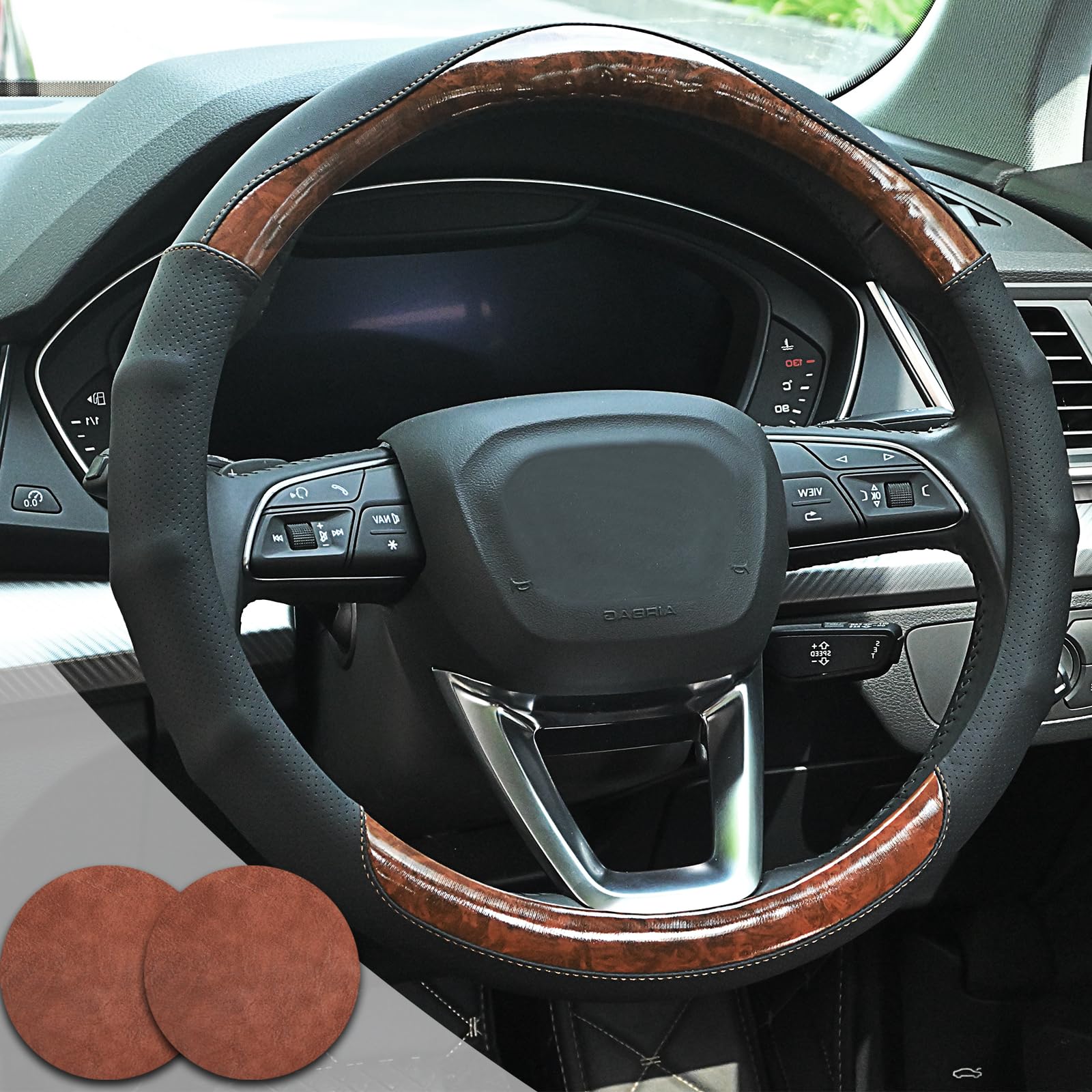 Muamos wood grain steering wheel cover close-up showing textured grip and premium look.