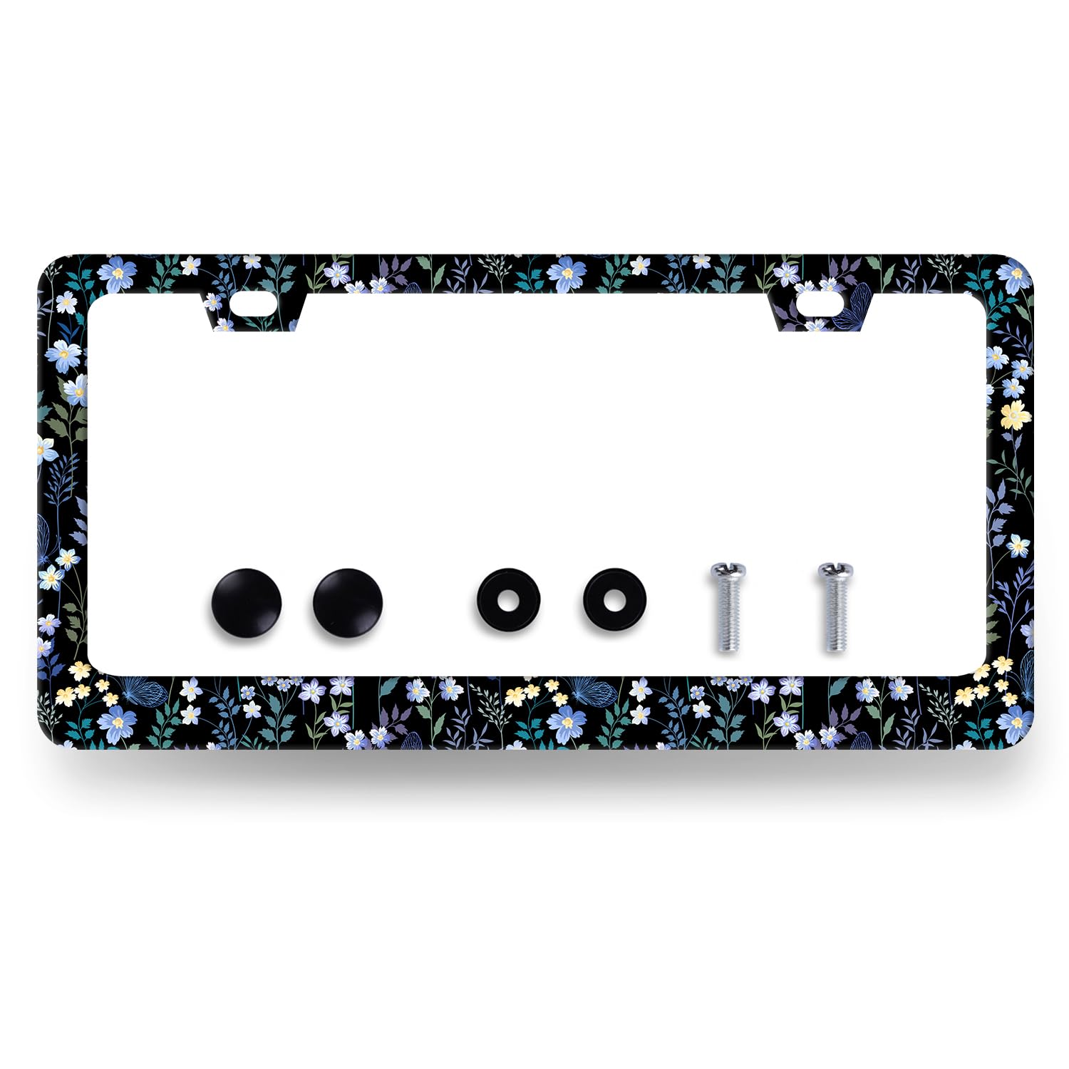 MUAWUOIK Folk Blue Flowers license plate frame front view with vibrant floral pattern