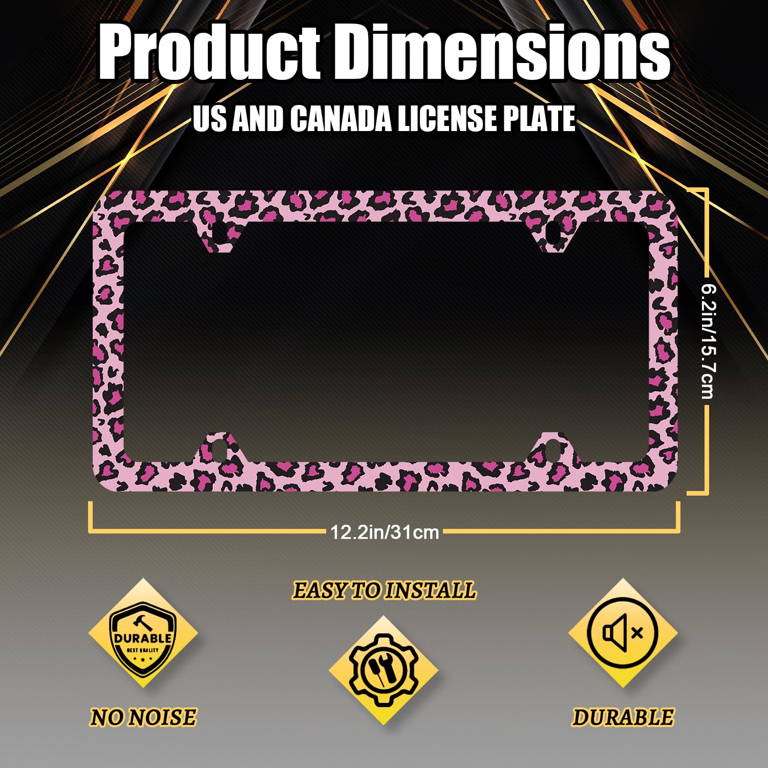 Pink leopard license frame design adds personality while staying compatible with standard US plates