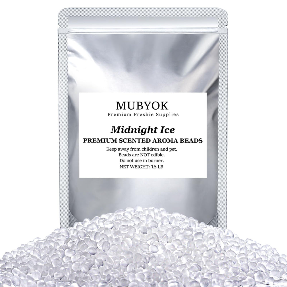 MUBYOK Midnight Ice beads in packaging showing premium longevity for car fresheners.