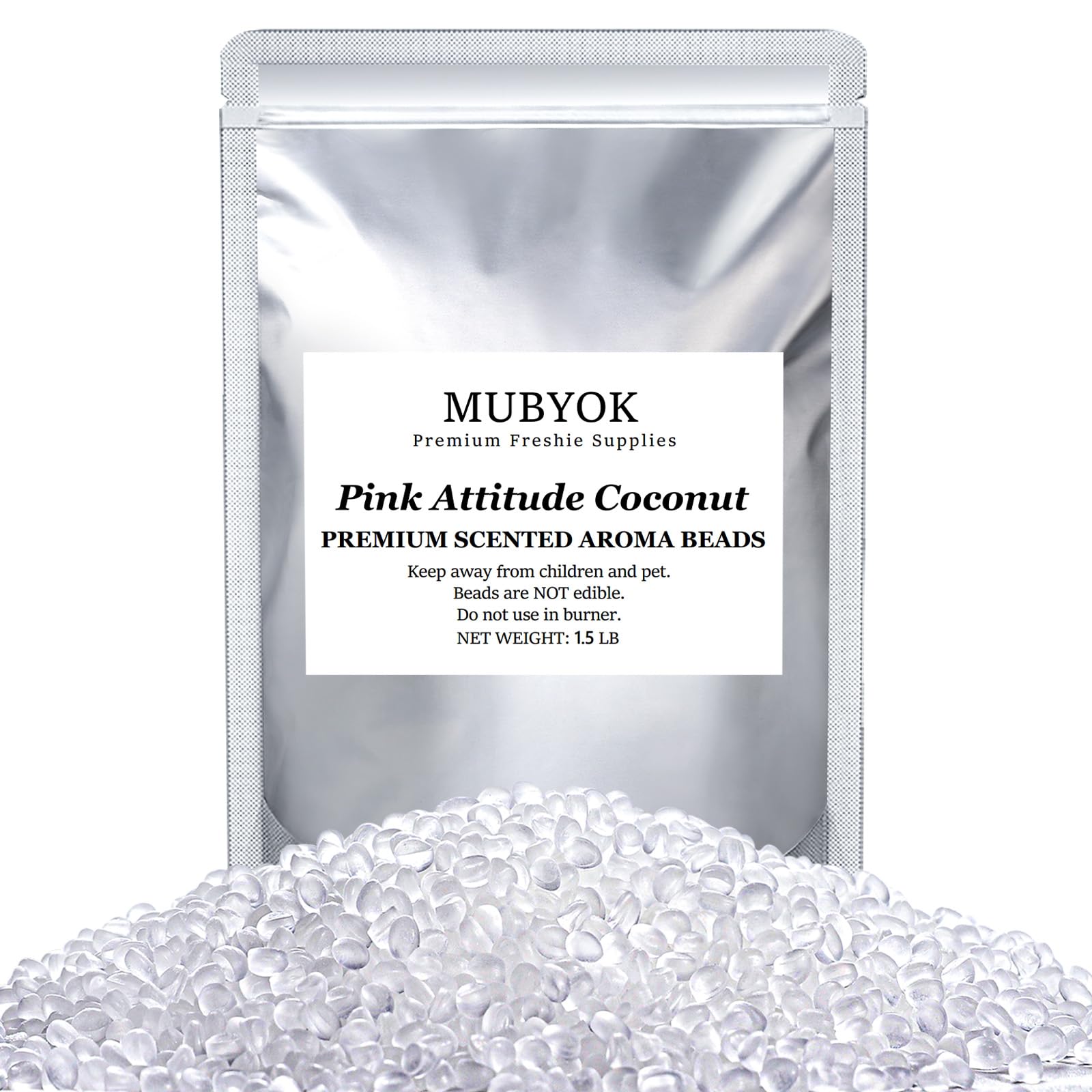 MUBYOK Pink Attitude Coconut aroma beads in a sealed bag for long-lasting fragrance.