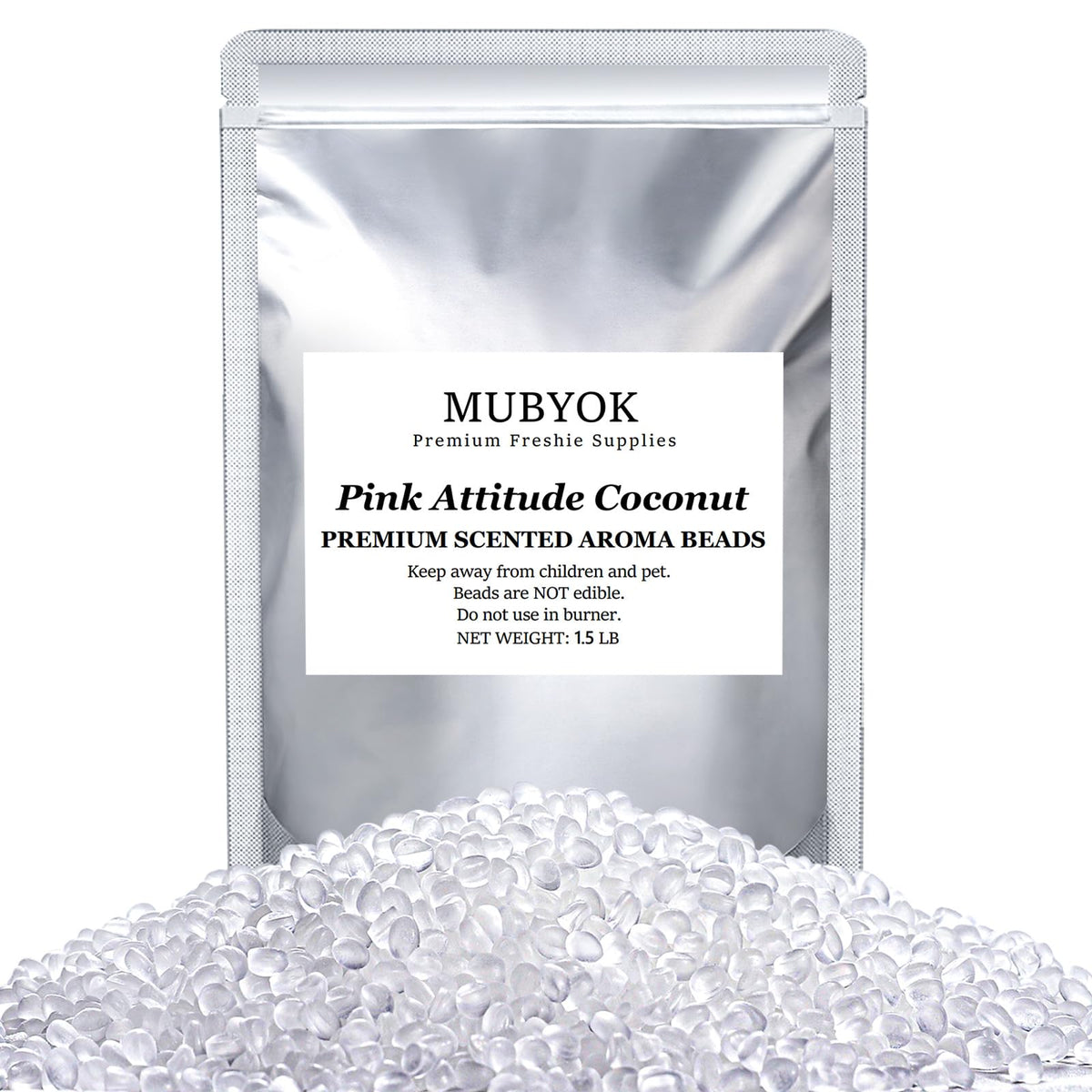 MUBYOK Pink Attitude Coconut aroma beads in a sealed bag for long-lasting fragrance.