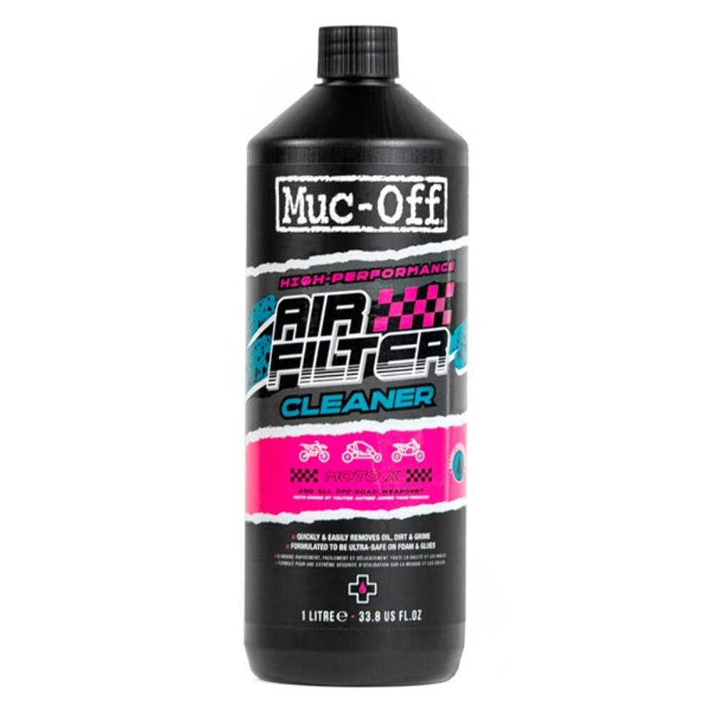Muc-Off Air Filter Cleaner bottle for foam filters removes oil and dirt effectively.