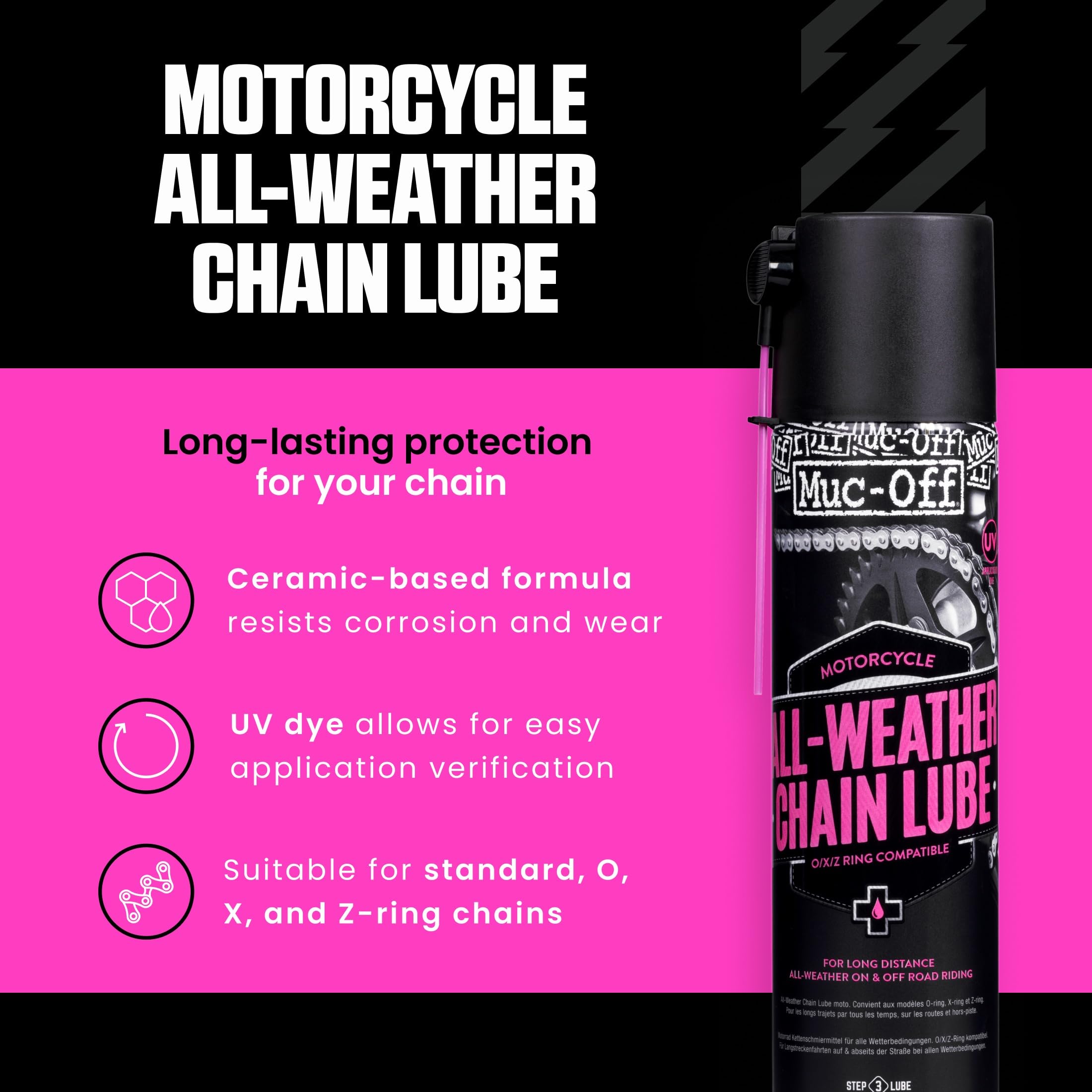 Muc-Off All-Weather Chain Lube spray on chain links for deep protection