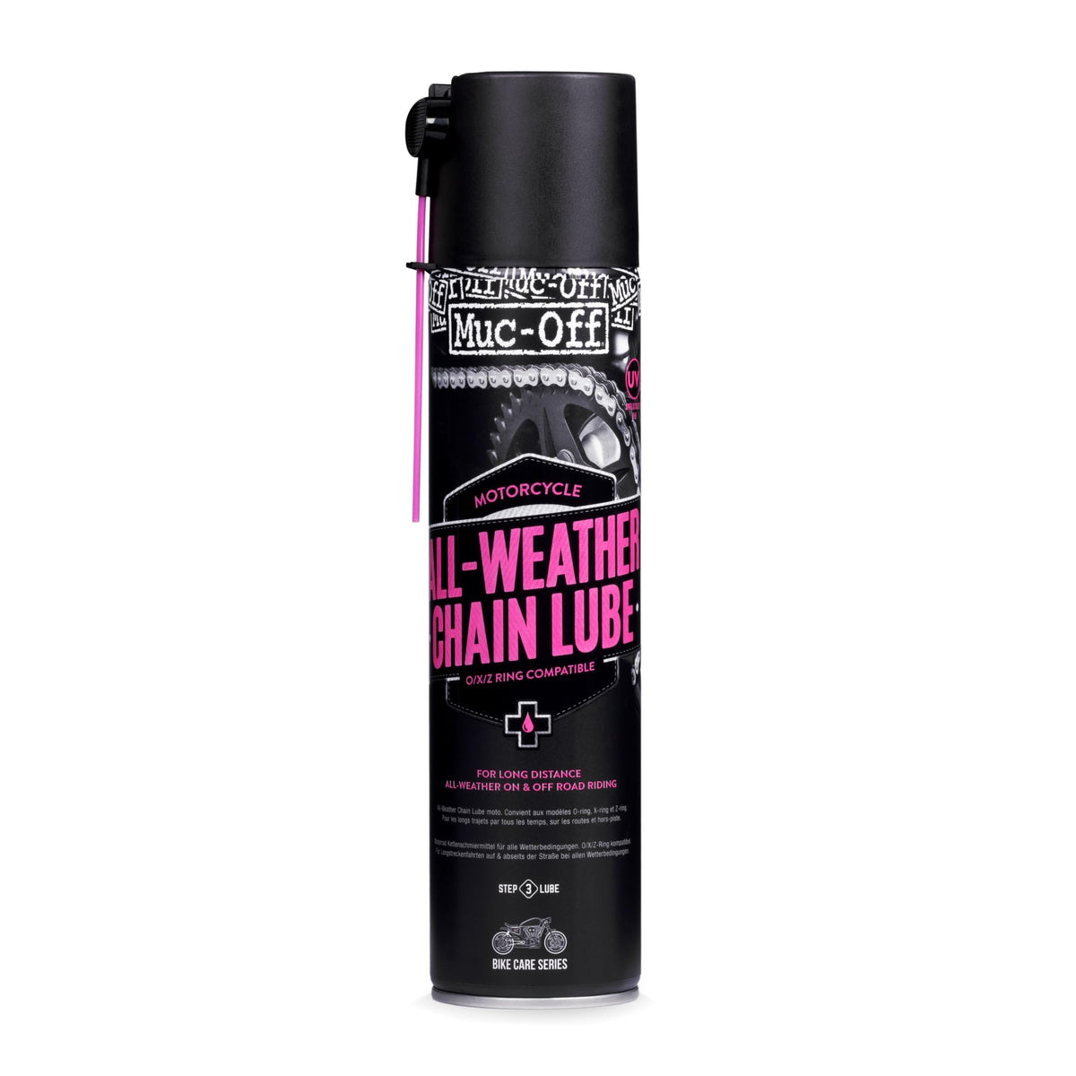Muc-Off All-Weather Chain Lube bottle ready for long rides in wet conditions