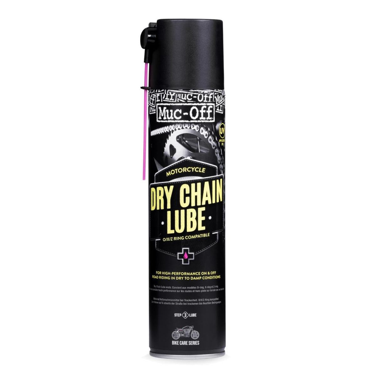 Muc-Off Dry Chain Lube bottle front view for long-lasting lubrication in dry conditions.