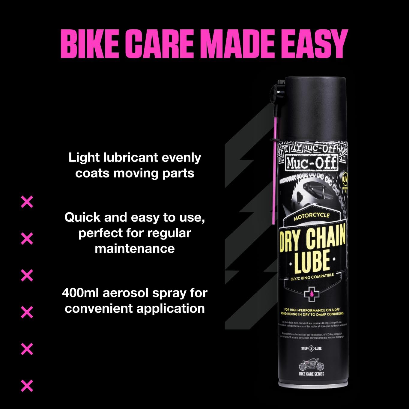 Muc-Off Dry Chain Lube applied to a motorcycle chain after wash for protection.