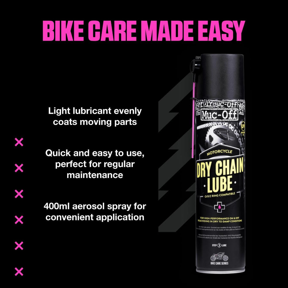 Muc-Off Dry Chain Lube applied to a motorcycle chain after wash for protection.