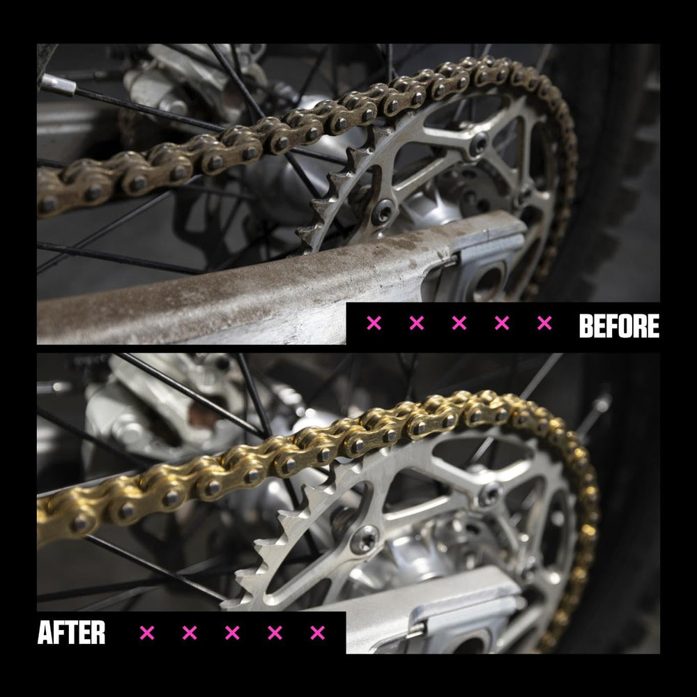 Muc-Off Motorcycle Chain Brush features front sprocket action to loosen stubborn buildup.