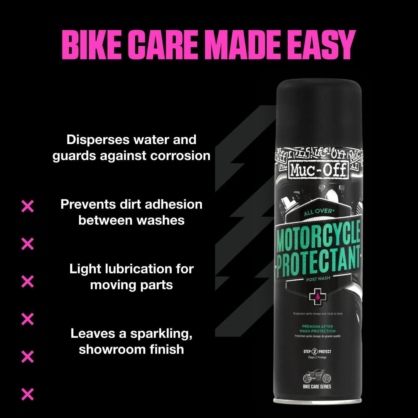 Muc-Off Protectant creates a dirt-repellent layer on a freshly washed bike