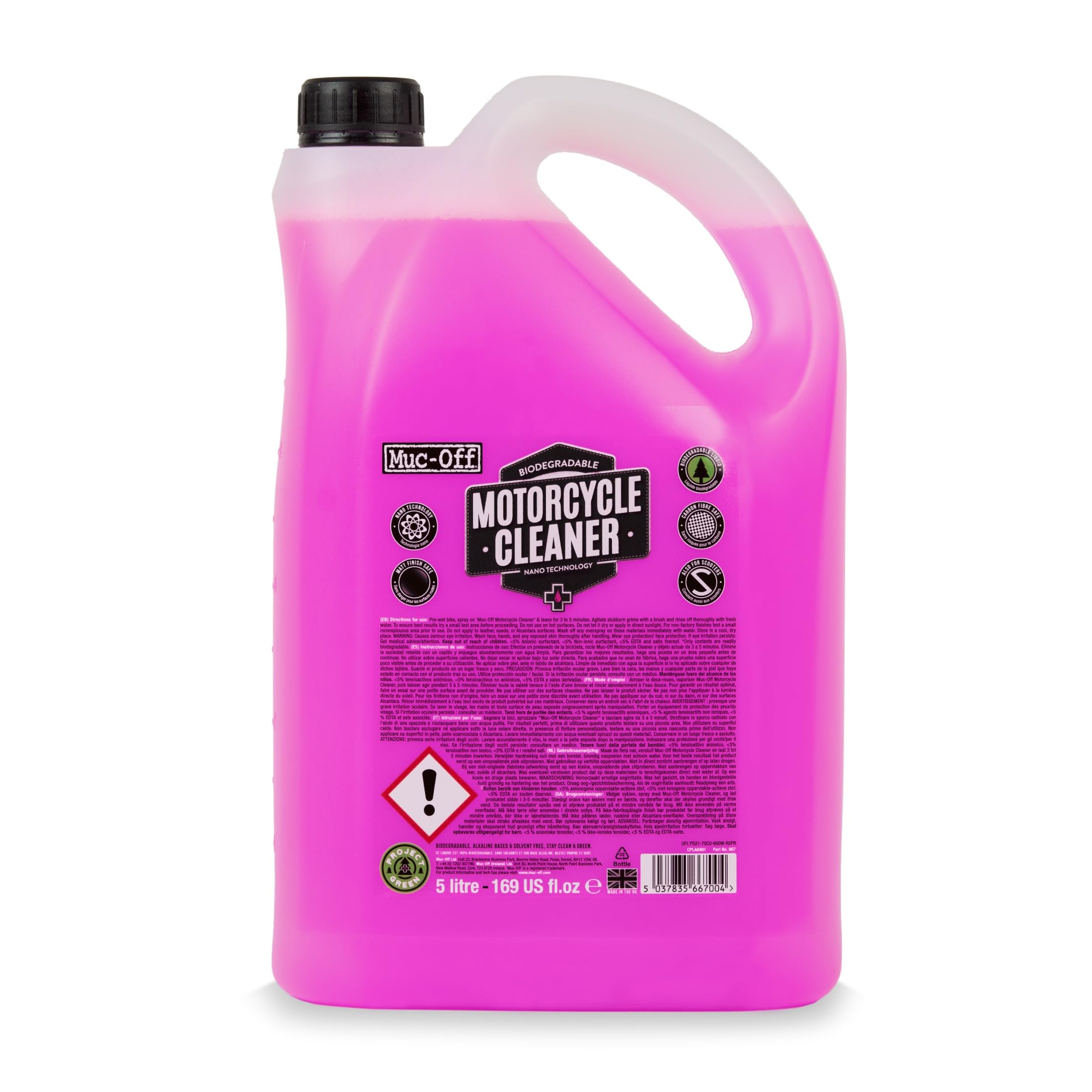Muc-Off Nano-Tech motorcycle cleaner 5L bottle, safe on all surfaces.