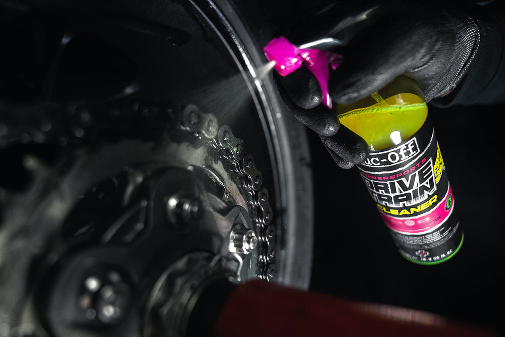 Muc-Off Powersports Drivetrain Cleaner before and after drivetrain cleanup demo