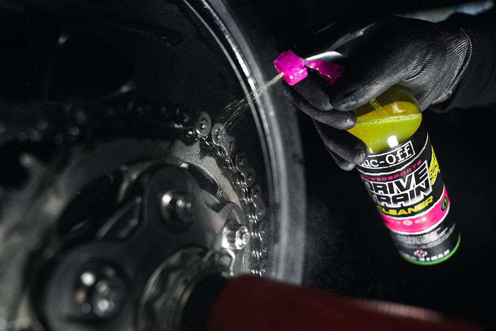 Muc-Off Powersports Drivetrain Cleaner applied to drivetrain components for a renewed look