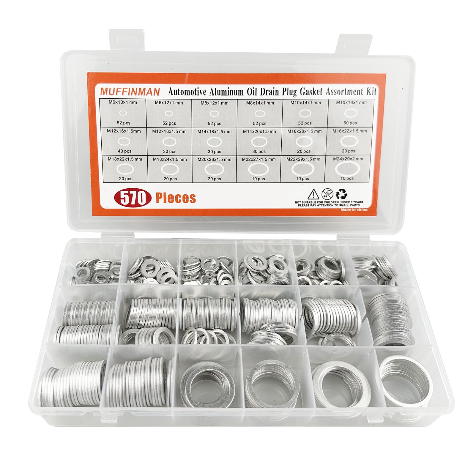 MUFFINMAN oil drain plug gasket assortment laid out for automotive use