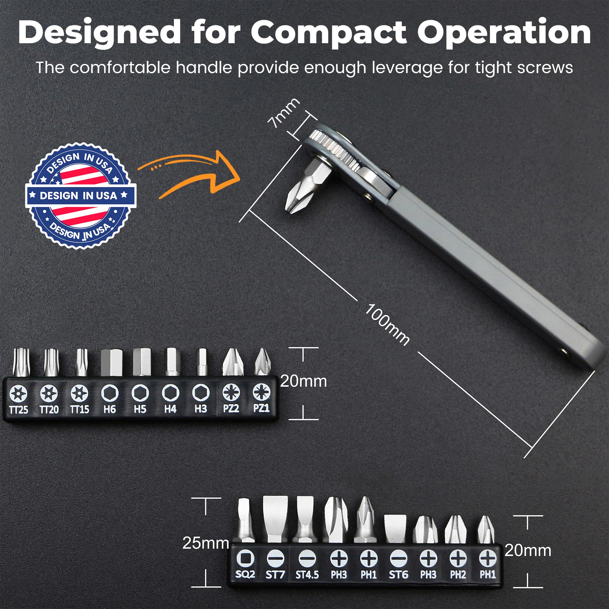 MULWARK handle close-up showing 32-tooth ratchet detail and quick direction click benefit
