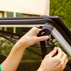 Hoops-to-hooks feature customizes fit on irregular window shapes.