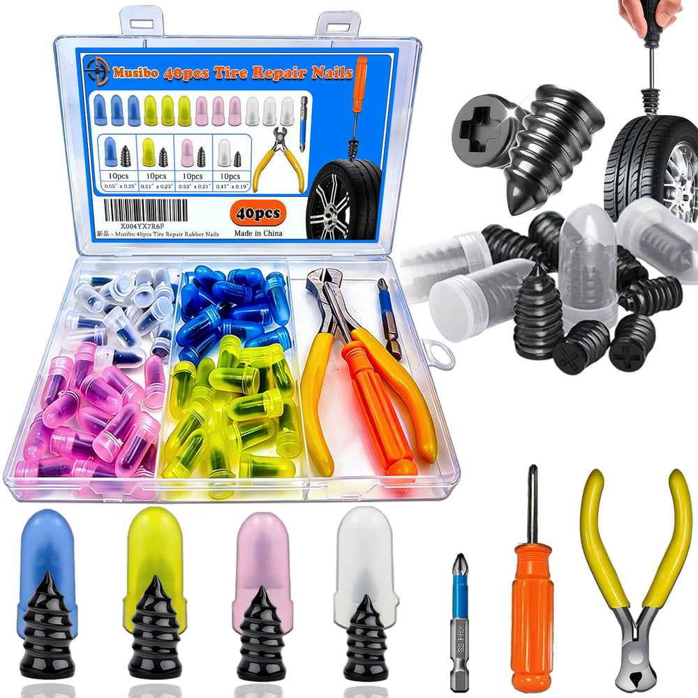 Musibo 40Pcs tire repair nails kit packaging, compact roadside case.