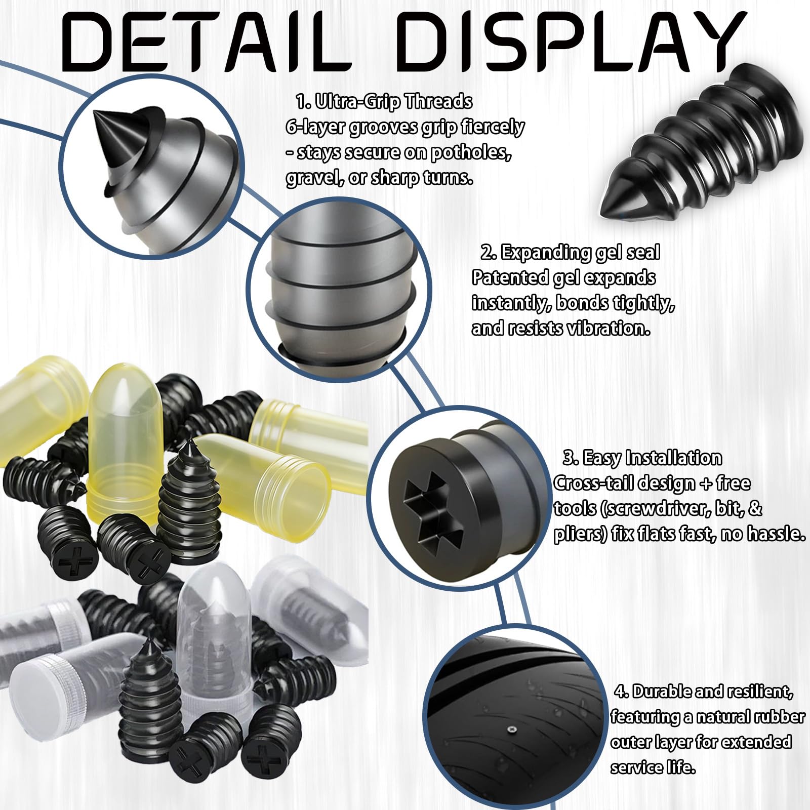 Musibo deep-spiral threaded plugs grip the tire wall effectively