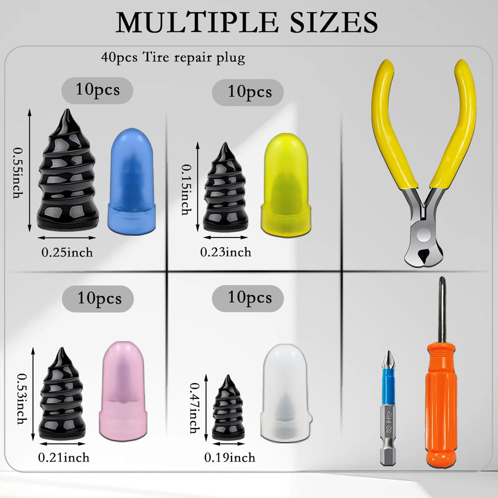 Musibo tire plug sizes display, four dimensions for versatile sealing.