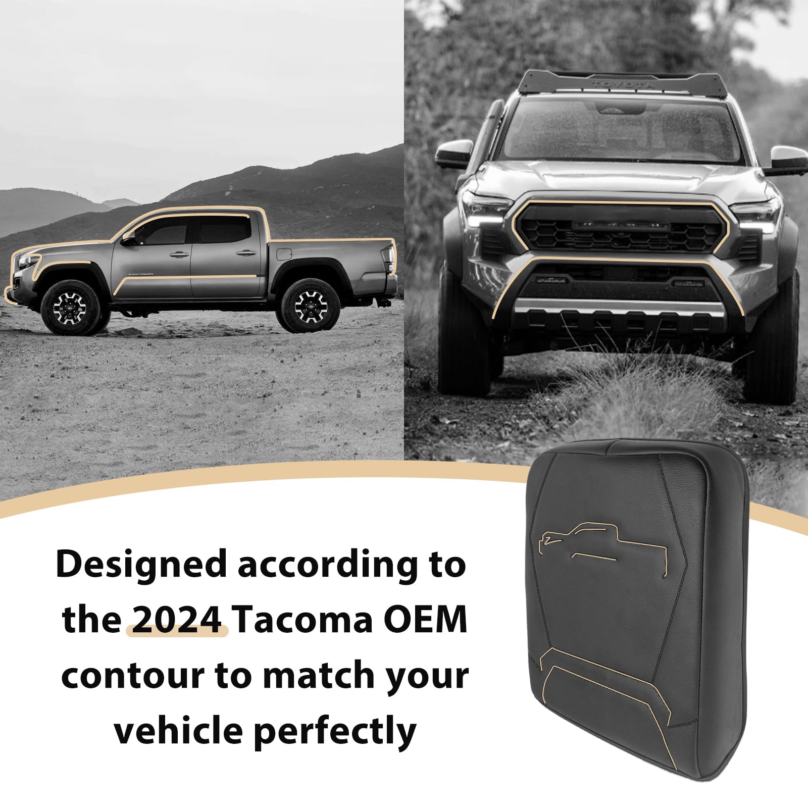 Muslogy armrest cover on Tacoma center console front view highlights fit.