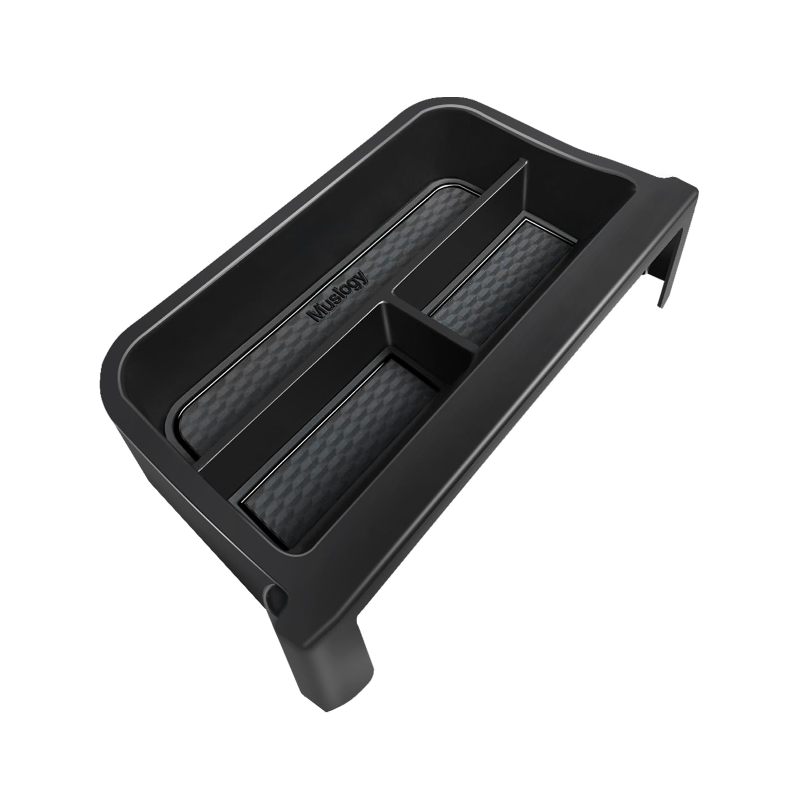 Muslogy behind-screen tray offers quick access during daily drives.