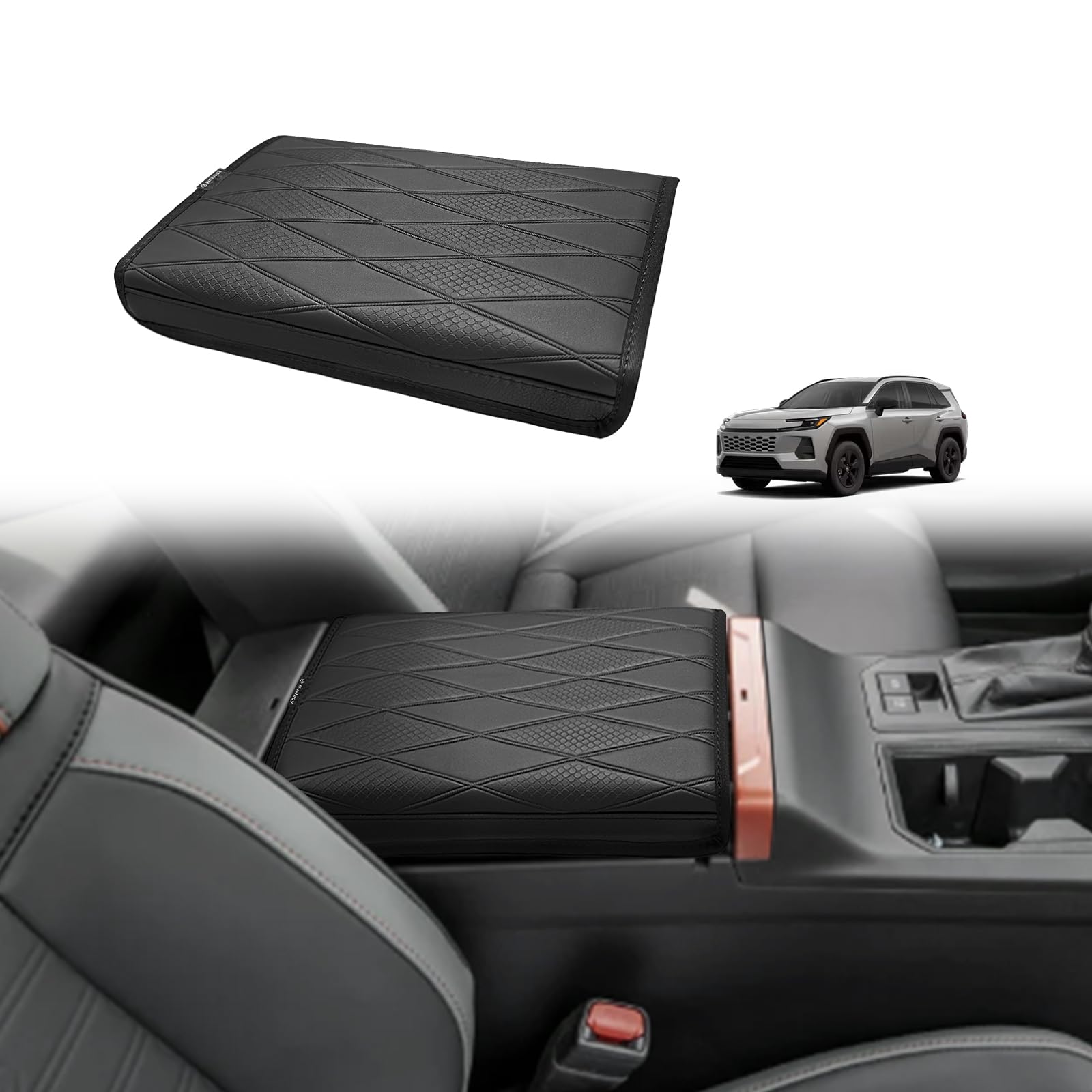 Muslogy center console armrest cover closeup of vegan leather texture with premium protection