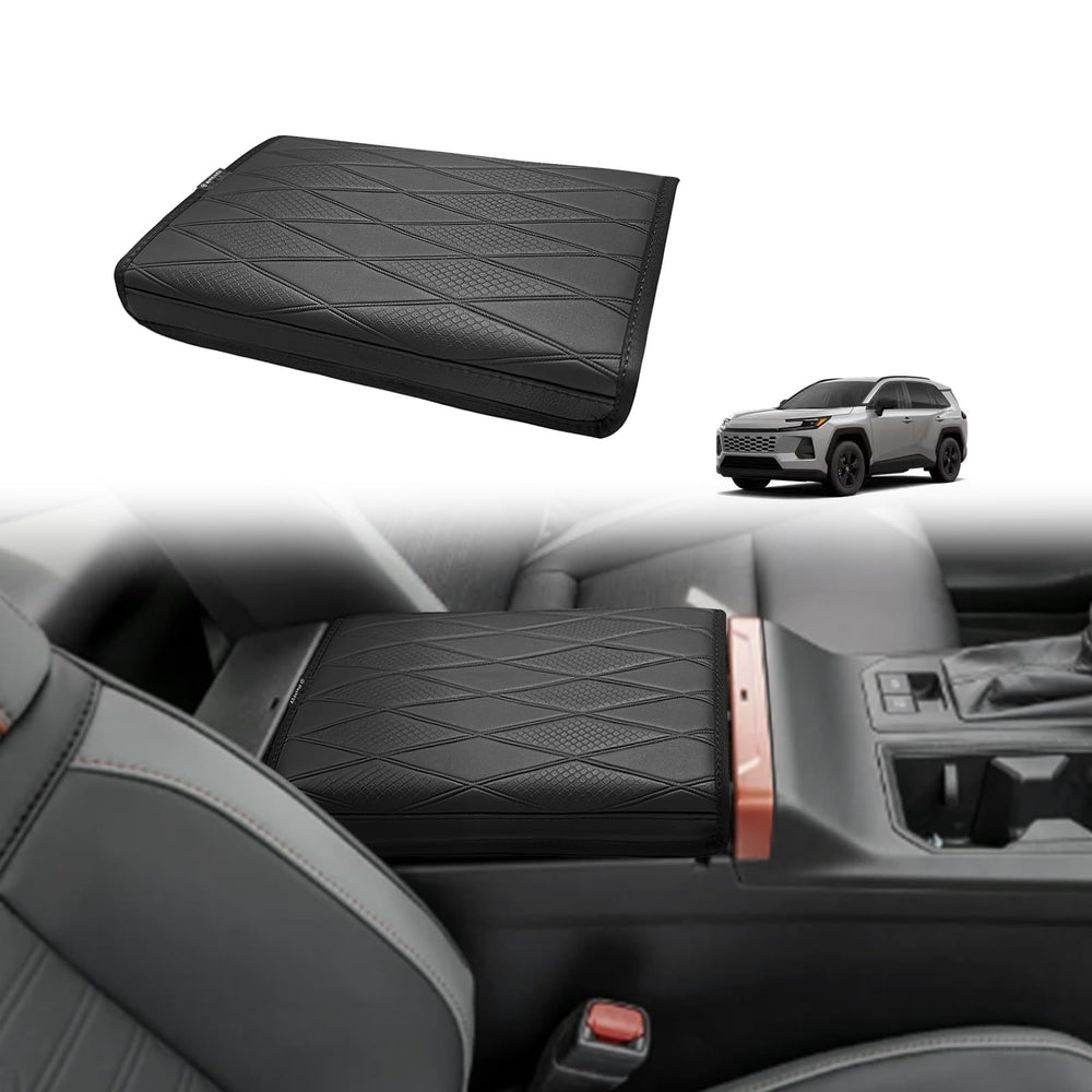 Muslogy center console armrest cover closeup of vegan leather texture with premium protection
