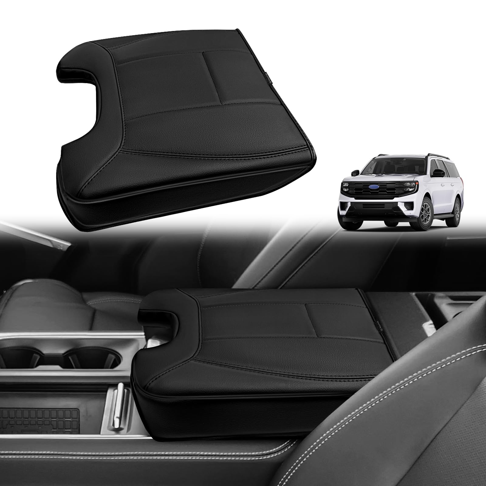 Muslogy center-console armrest cover on Ford Expedition 2025 close-up protects surfaces from spills.