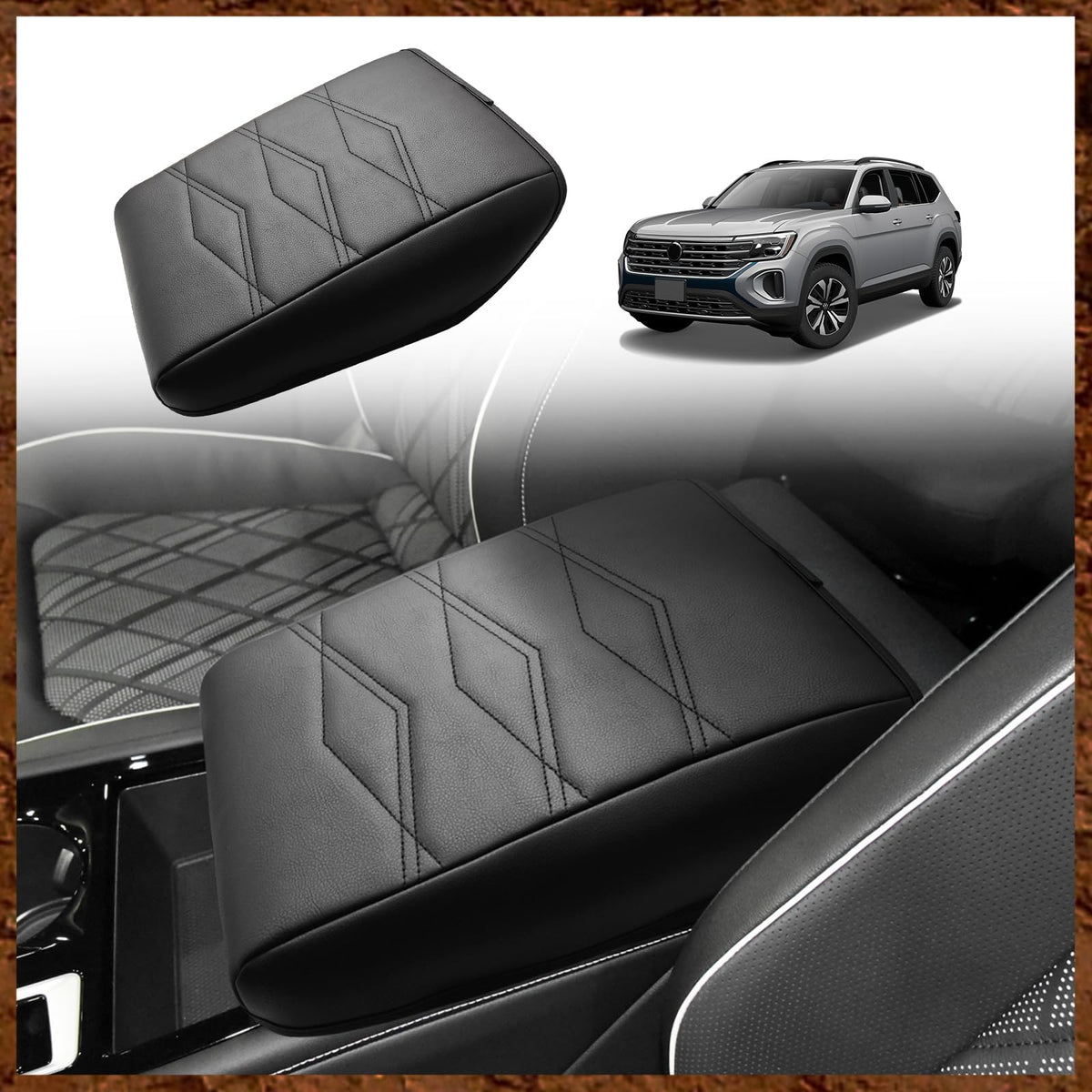 Muslogy center console armrest cover for VW Atlas/Cross Sport protects and enhances grip.