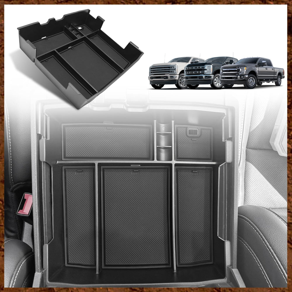 Muslogy center console organizer fits Ford F-series with OEM tray for tidy storage.