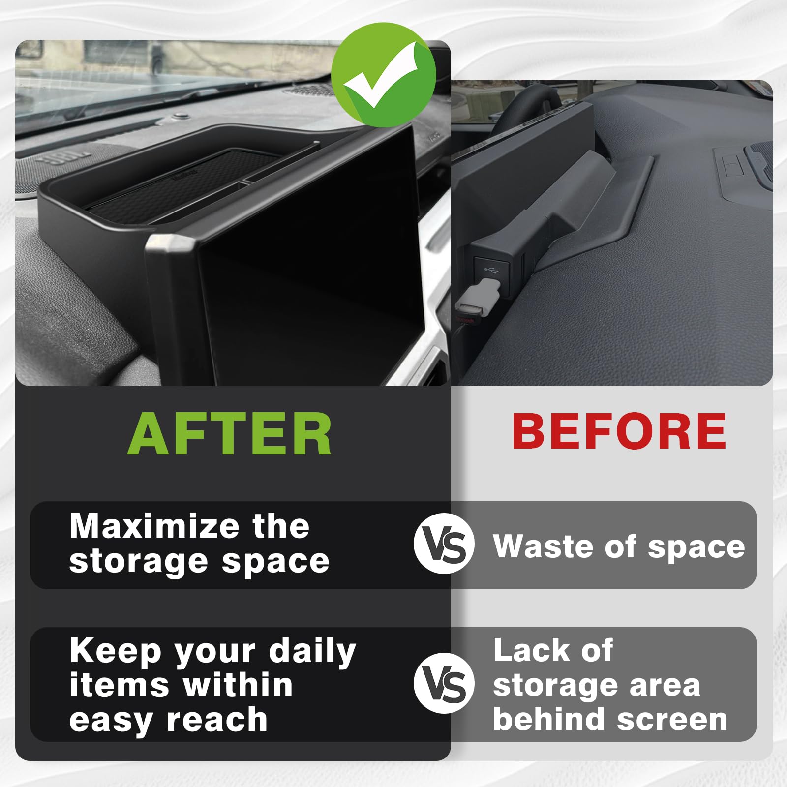Muslogy dashboard storage box insert mats prevent sliding on rough roads.