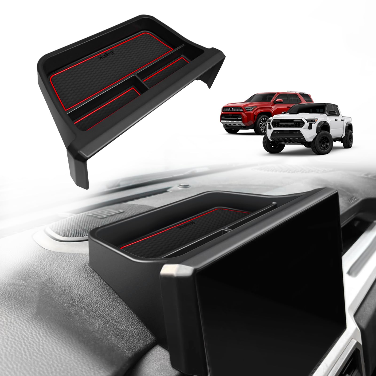 Muslogy dashboard storage box on Tacoma 14-inch screen with quick-access design
