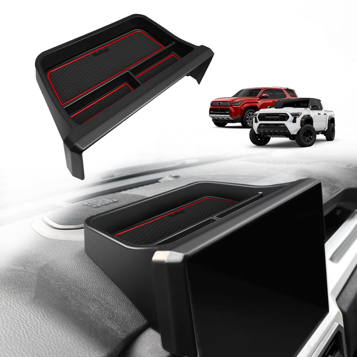 Muslogy dashboard storage box on Tacoma 14-inch screen with quick-access design