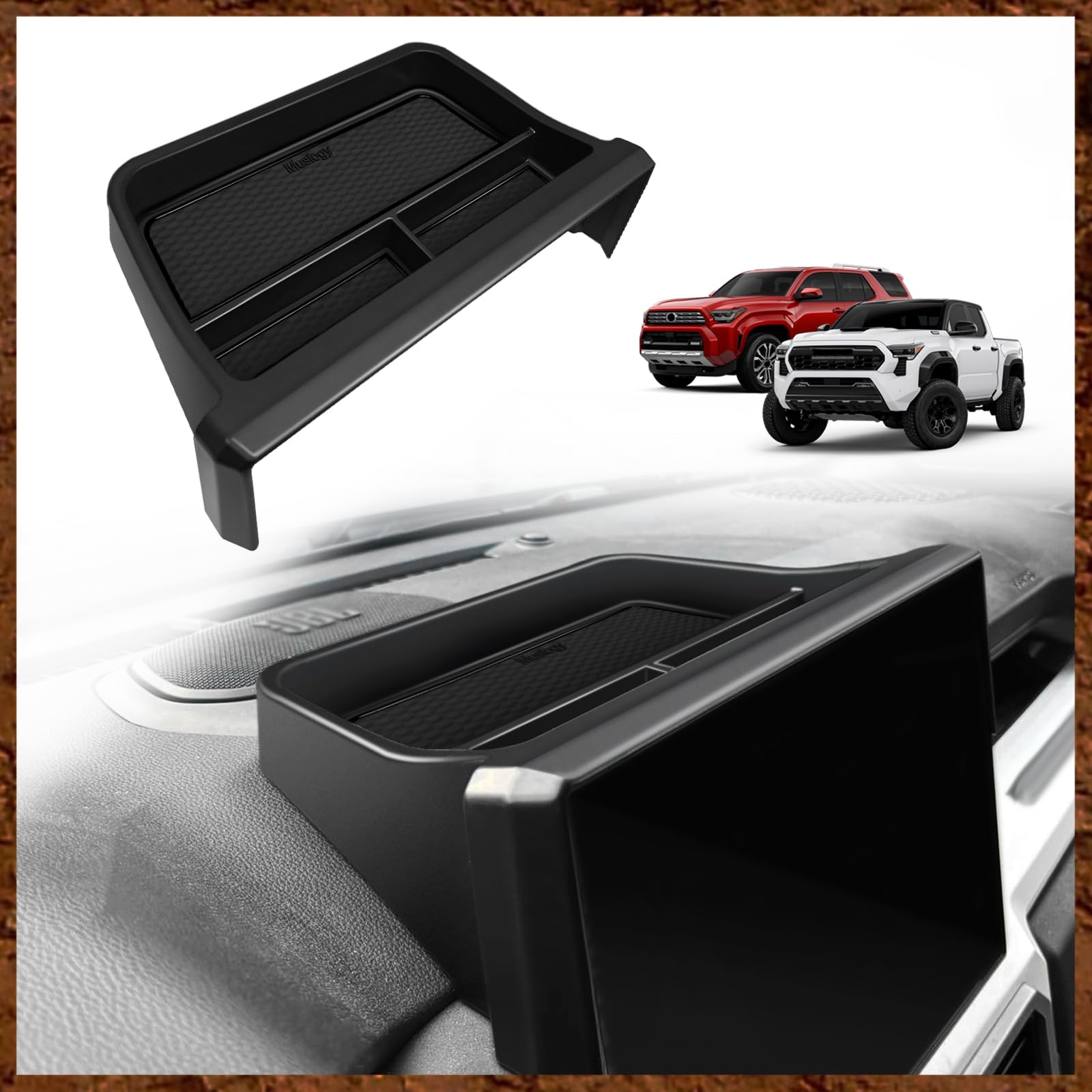 Muslogy dashboard storage box behind the 14-inch screen keeps sunglasses organized.