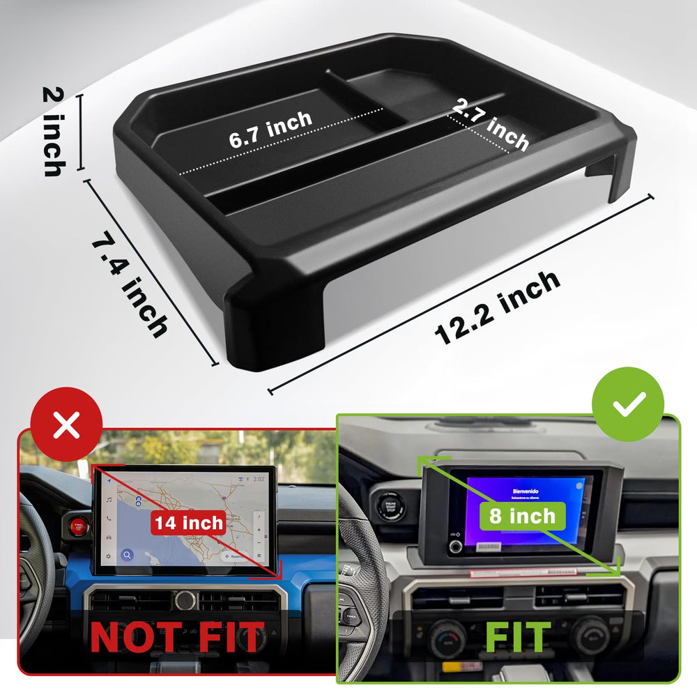 Side view of Muslogy box fitting behind the 8-inch Tacoma display for precise integration.